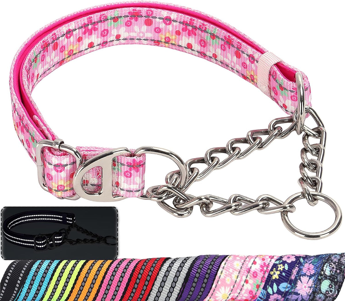 Martingale Dog Collar with Steel Chain, Reflective Choke Collar with Soft Padded- Adjustable No Pull with Bohemia Flower for Training Large Dogs Pet Collars for WalkingL - Image 14