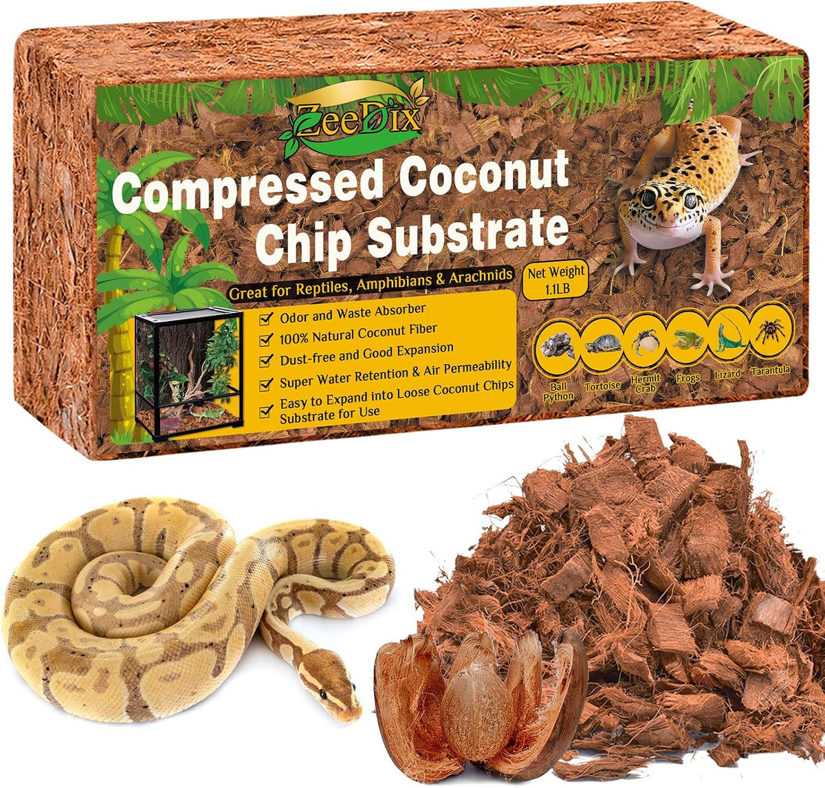 ZeeDix 10LBS Coconut Husk Chip Substrate for Reptiles, 72QT Compressed Organic Coco Coir Chips for Snake Habitat, Reptile Bedding for Ball Python, Tortoises, Geckos, Lizards Terrarium Tanks - Image 10