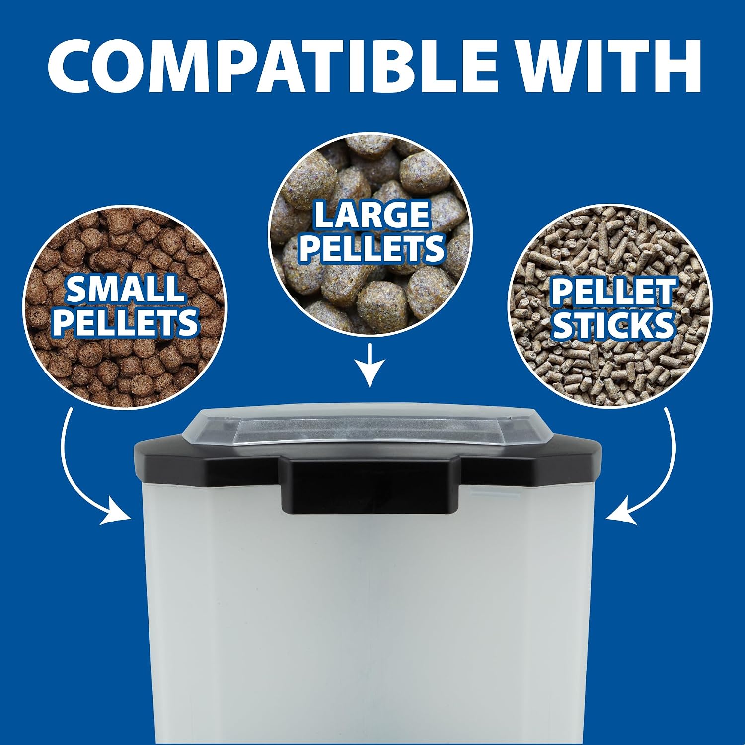 The Pond Guy solar fish feeder broadcasting food pellets over a large garden pond.