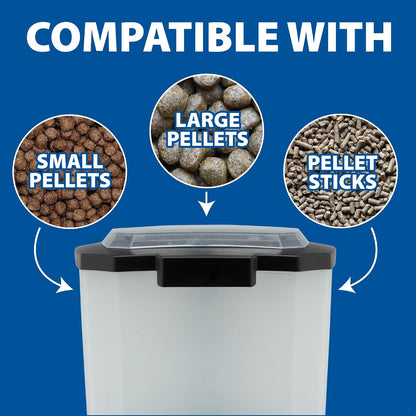 The Pond Guy solar fish feeder broadcasting food pellets over a large garden pond.