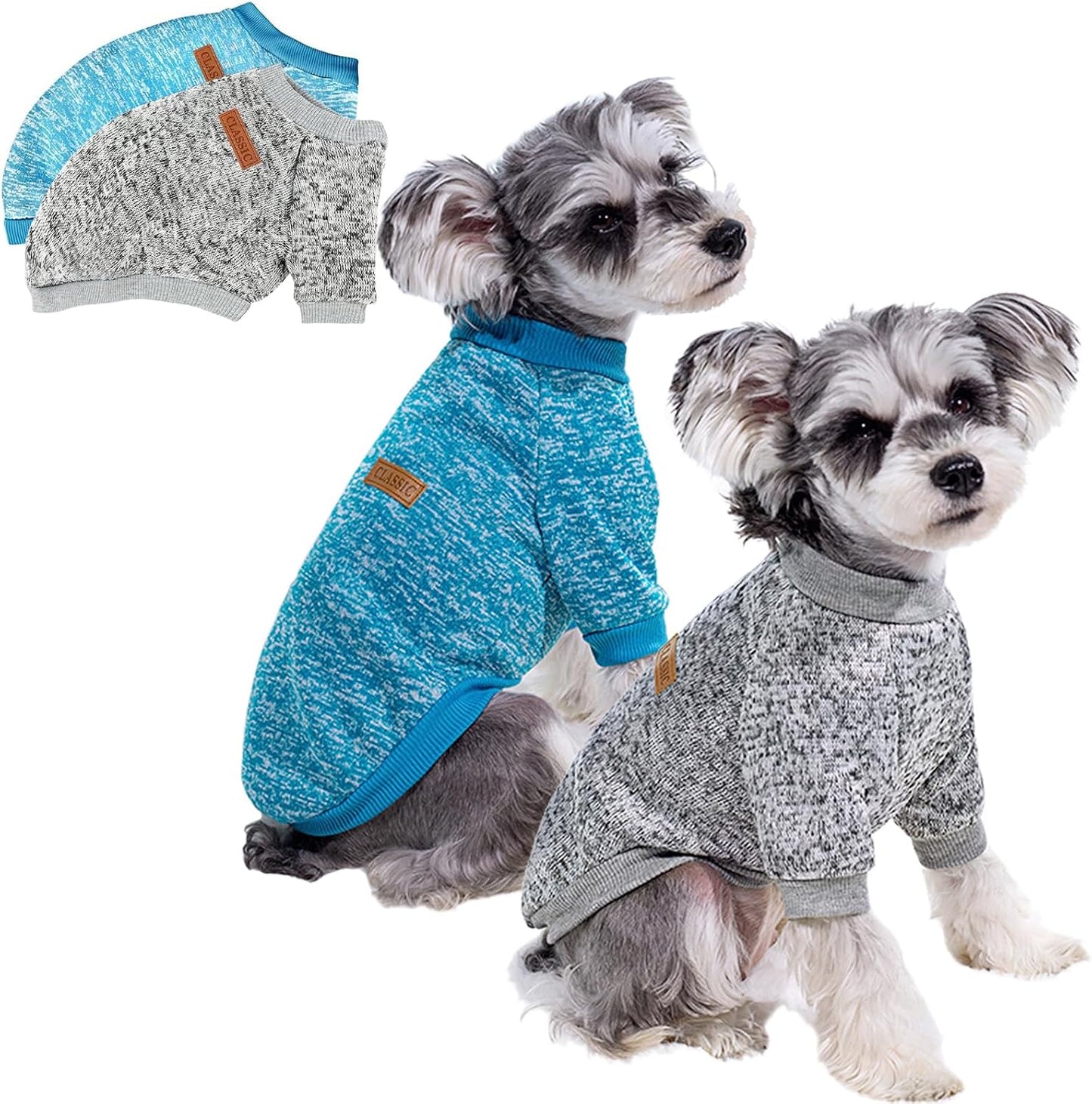 Bwealthest two pack dog sweaters front view on a small puppy.