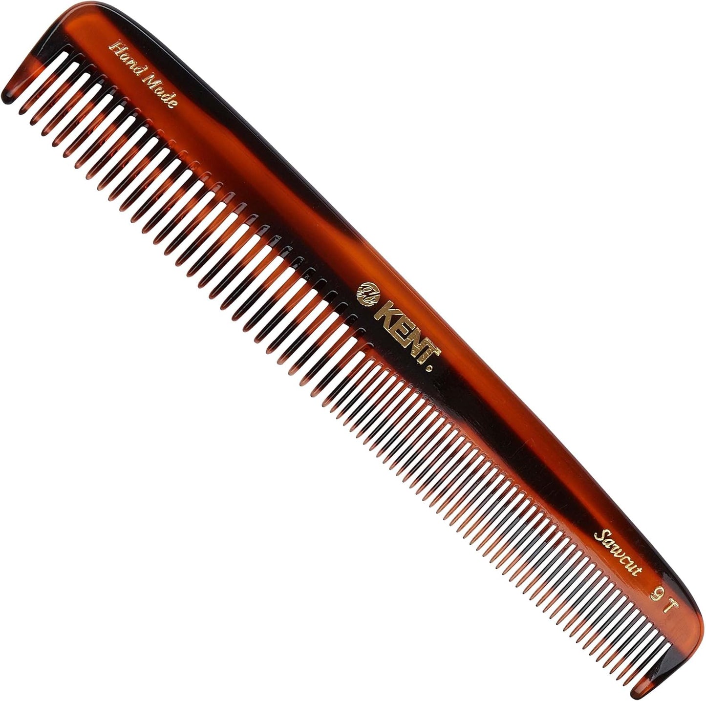 Kent 9T tortoiseshell dressing table hair comb front view showing dual fine and wide teeth.