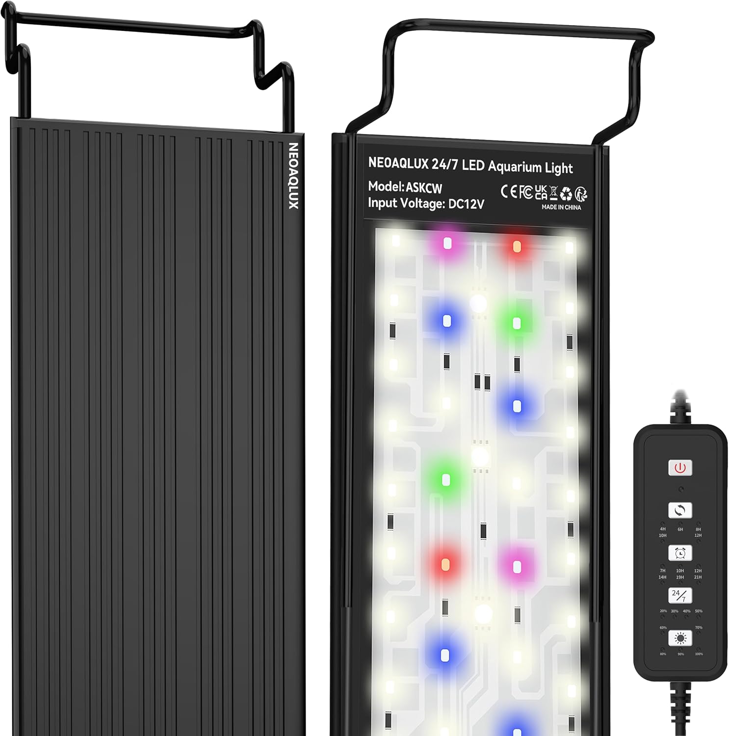 NEOAQLUX Sevenconst 24/7 LED aquarium light front view illuminating a planted freshwater fish tank.