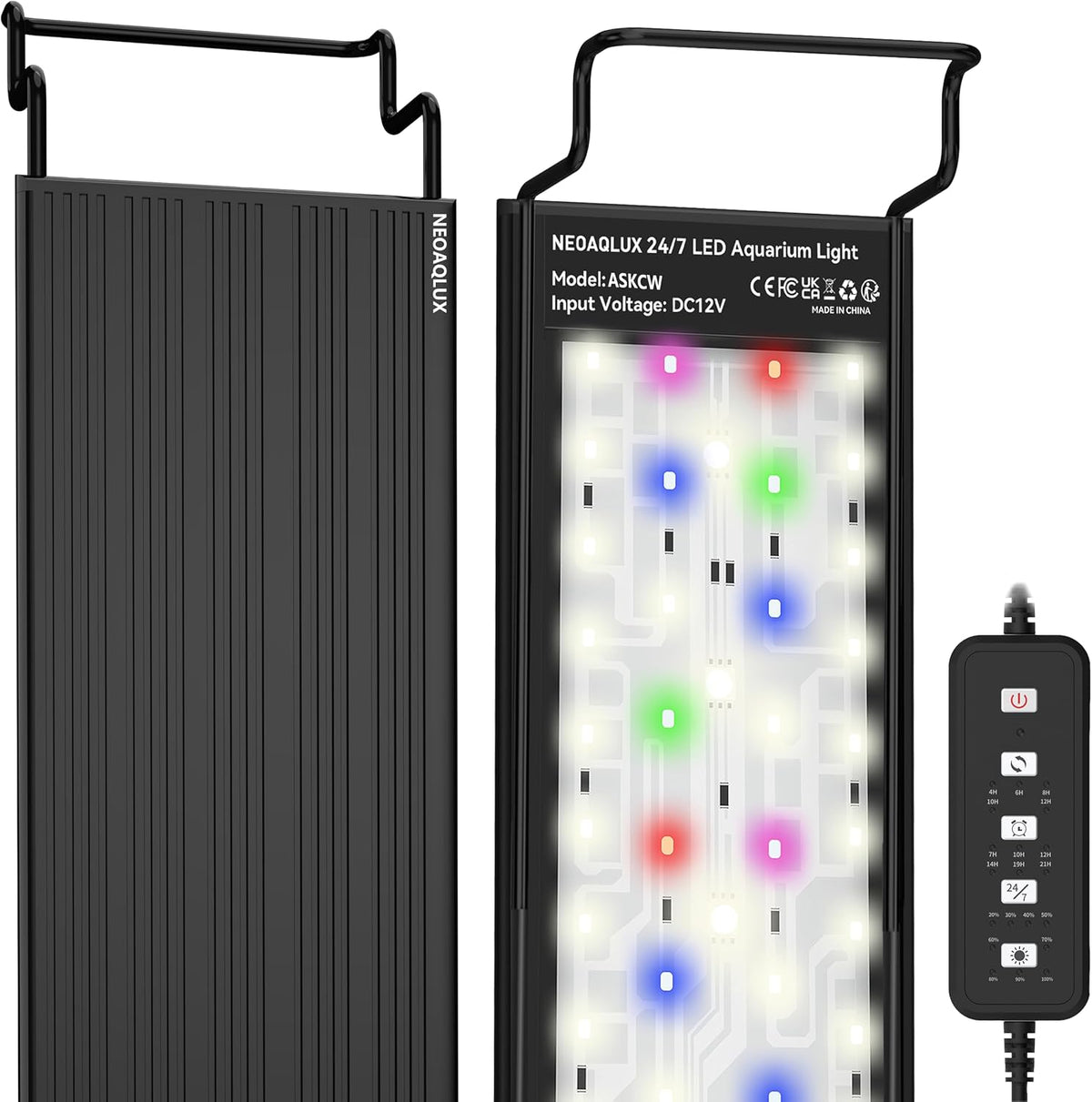NEOAQLUX Sevenconst 24/7 LED aquarium light front view illuminating a planted freshwater fish tank.