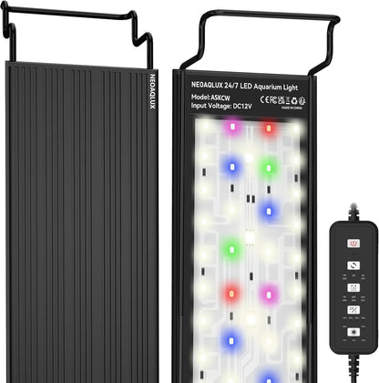 NEOAQLUX Sevenconst 24/7 LED aquarium light front view illuminating a planted freshwater fish tank.