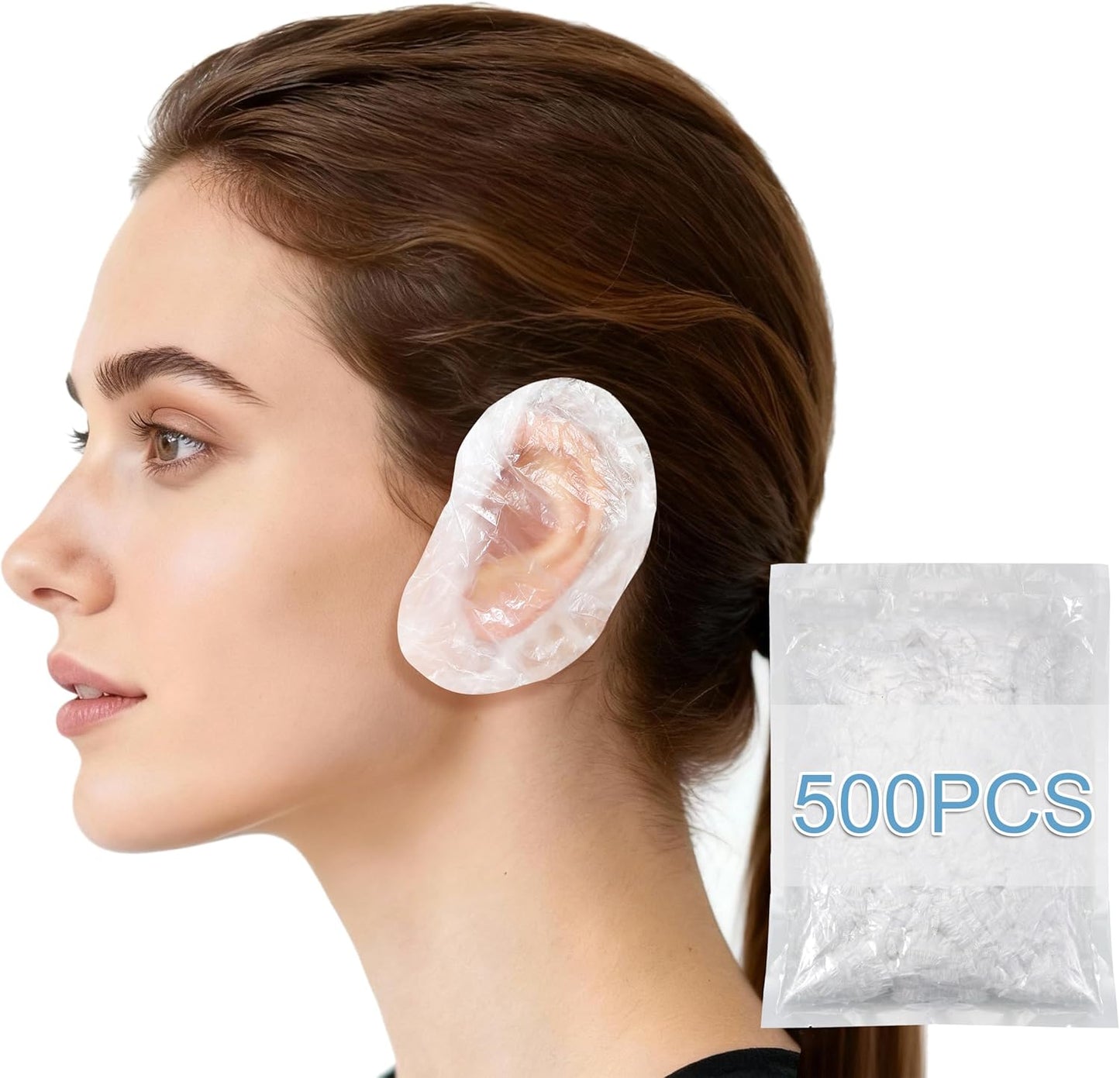The Beauty Beats Disposable Ear Covers front view showing the clear plastic material and elastic band.