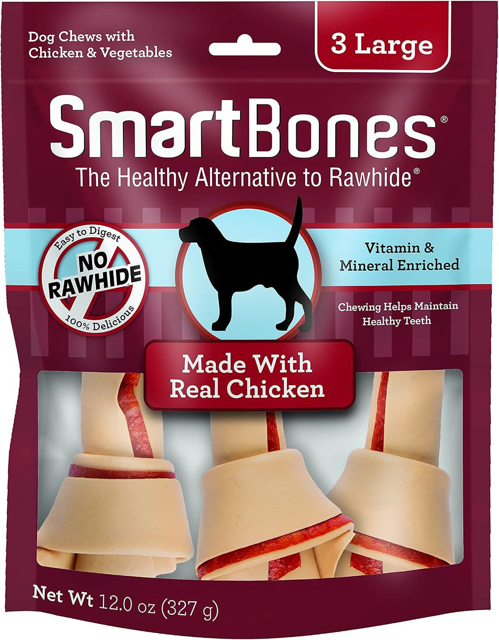 Authentic USA imported SmartBones dog chews pack of three large bones for dental care