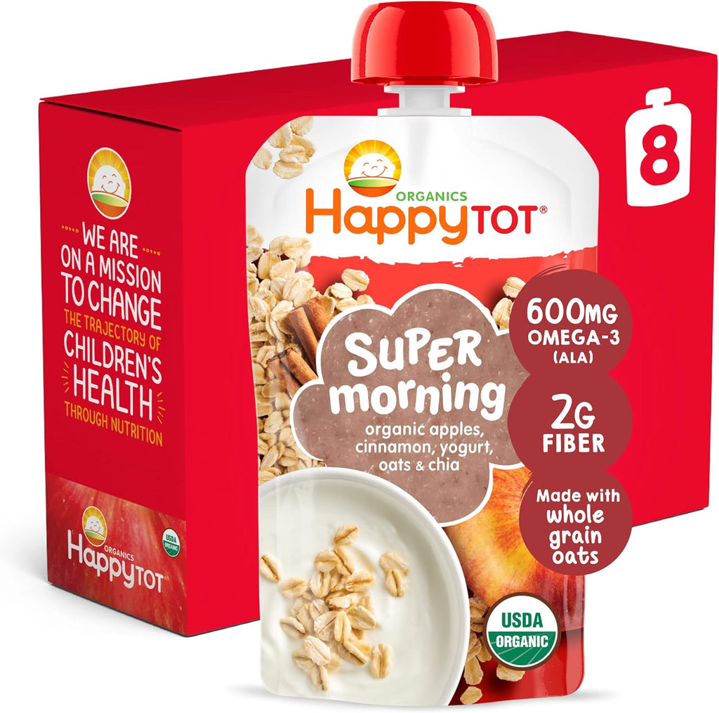 Happy Family Organics Apple Cinnamon Yogurt pouch front view featuring brand logo and flavor graphics.