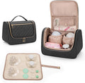 LUXJA wearable breast pump bag front view in black quilted fabric with gold zippers