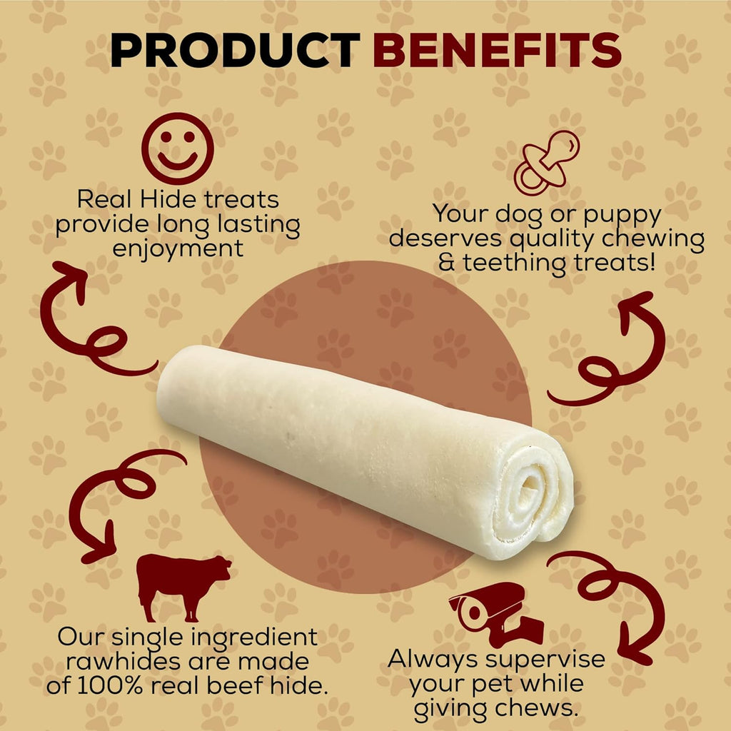 Real Hide premium rawhide dog treats demonstrating the durable un cut single sheet construction.