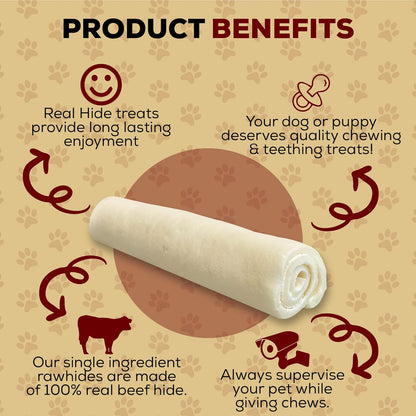 Real Hide premium rawhide dog treats demonstrating the durable un cut single sheet construction.