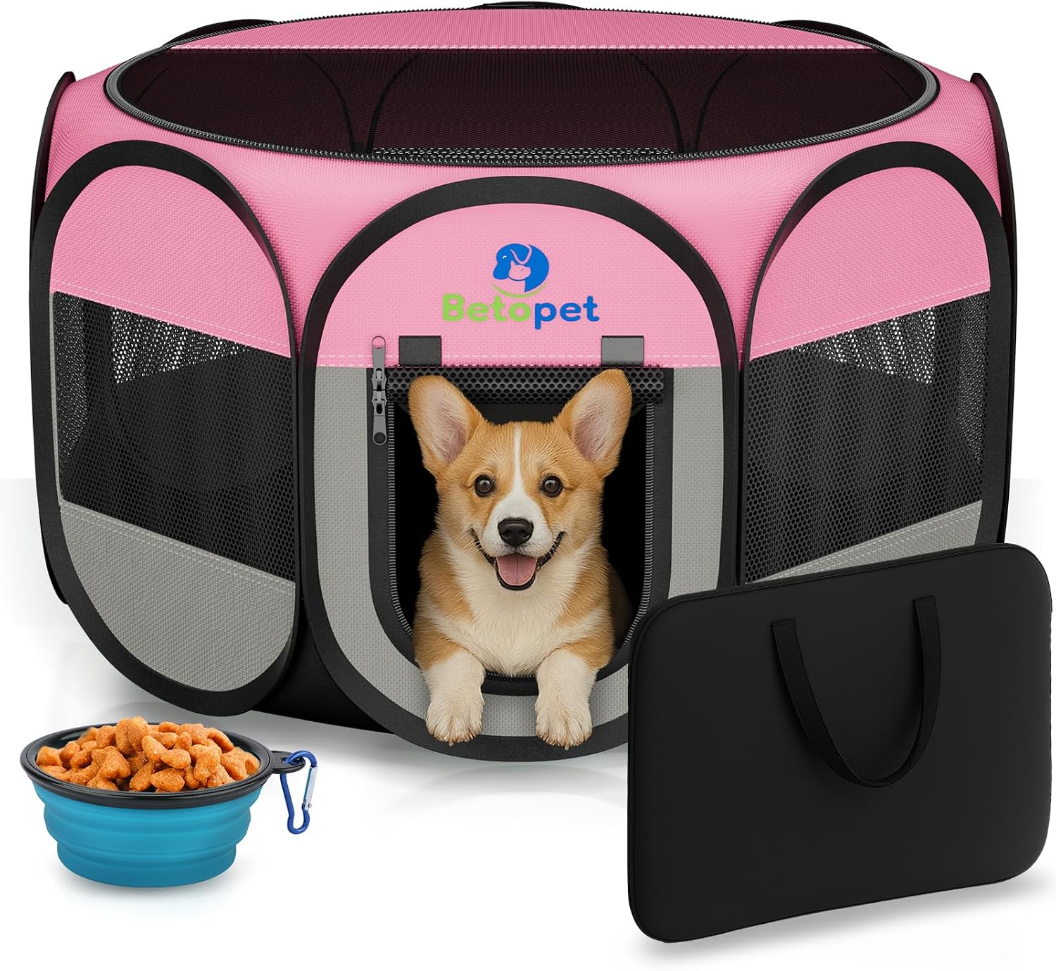 Playpen for Small Dogs Cats Crate: Puppy Play Pen Indoor Outdoor Foldable Potable Exercise Cage Pop up Kennel for Guinea Pig Rabbits Hamster Travel with Carrying Case & Food Bowl (Pink, M, 1) - Image 1