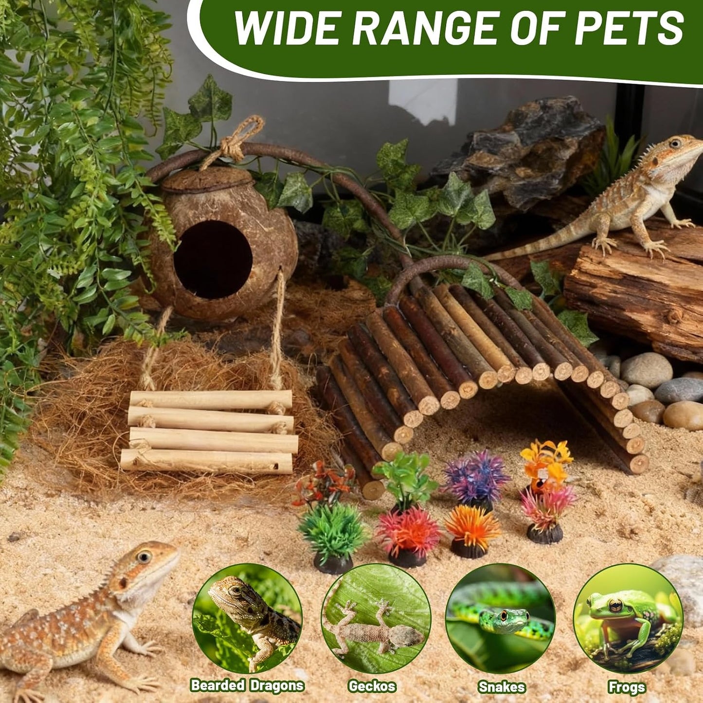 14Pcs Reptile Plants Bridge Vines Leopard Gecko Coconut Hut Crested Gecko Tank Accessories Lizard Coco Den with Ladder for Lizard, Chameleon Cage, Snakes, Hermit Crab - Image 5