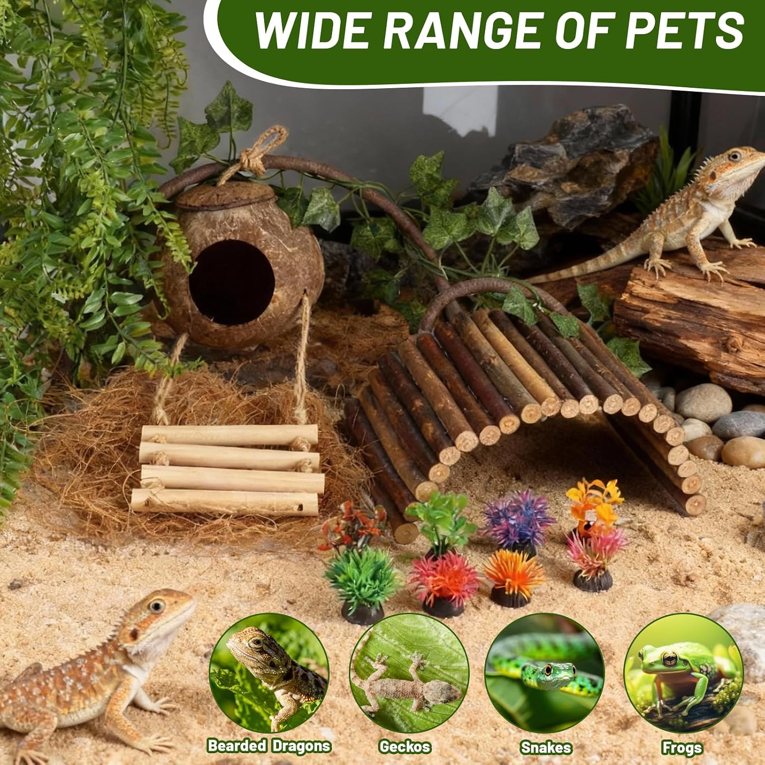 14Pcs Reptile Plants Bridge Vines Leopard Gecko Coconut Hut Crested Gecko Tank Accessories Lizard Coco Den with Ladder for Lizard, Chameleon Cage, Snakes, Hermit Crab - Image 5