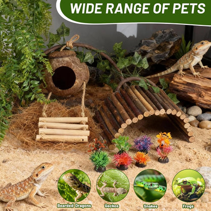 14Pcs Reptile Plants Bridge Vines Leopard Gecko Coconut Hut Crested Gecko Tank Accessories Lizard Coco Den with Ladder for Lizard, Chameleon Cage, Snakes, Hermit Crab - Image 5