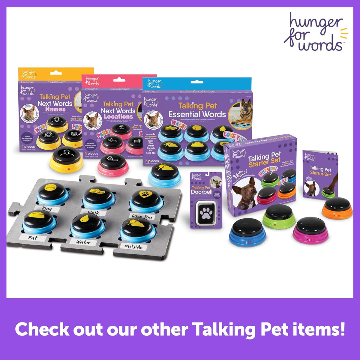 Hunger for Words Talking Pet Doorbell small dog pressing the training chime with its paw