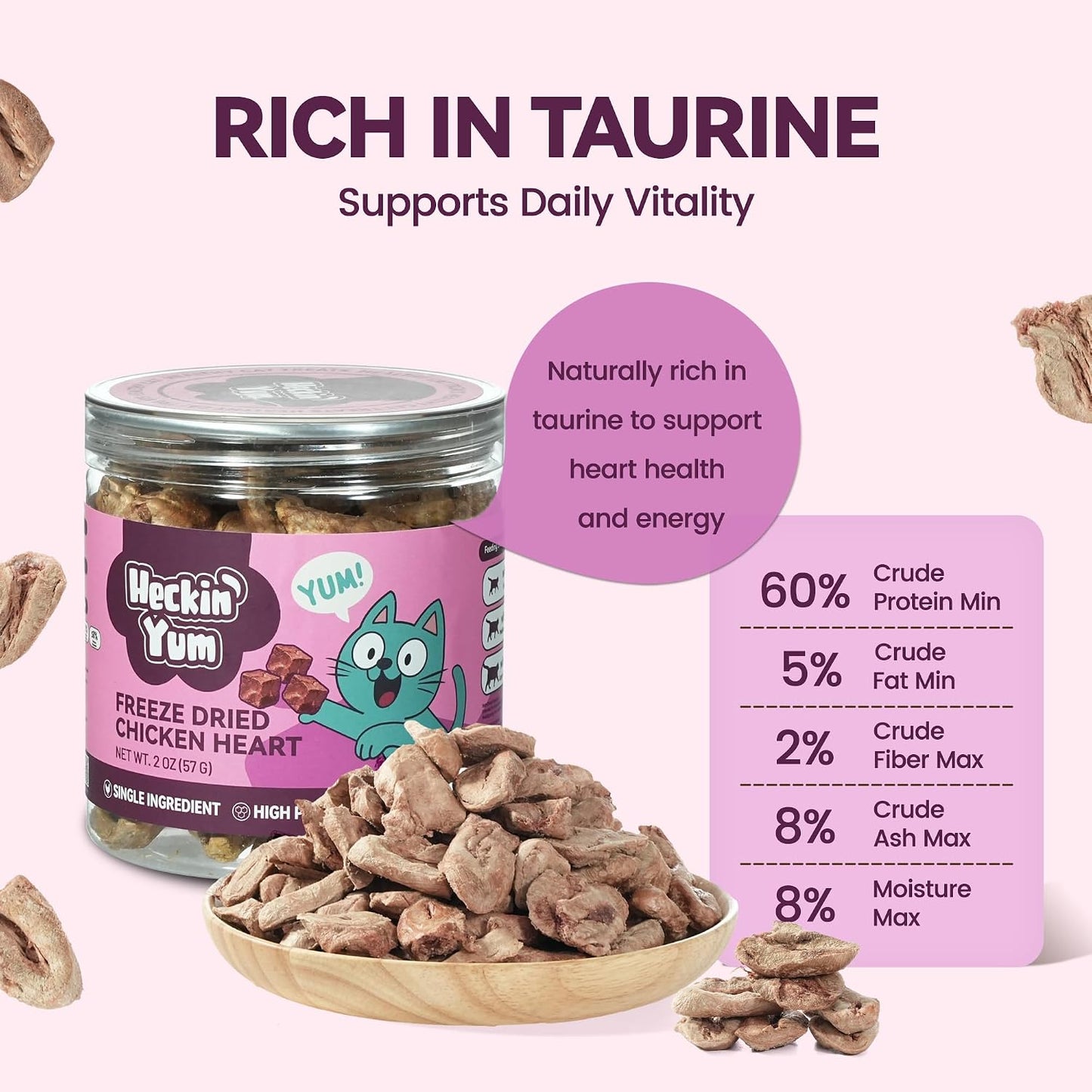 Freeze dried chicken heart cat treats used as a nutritious food topper