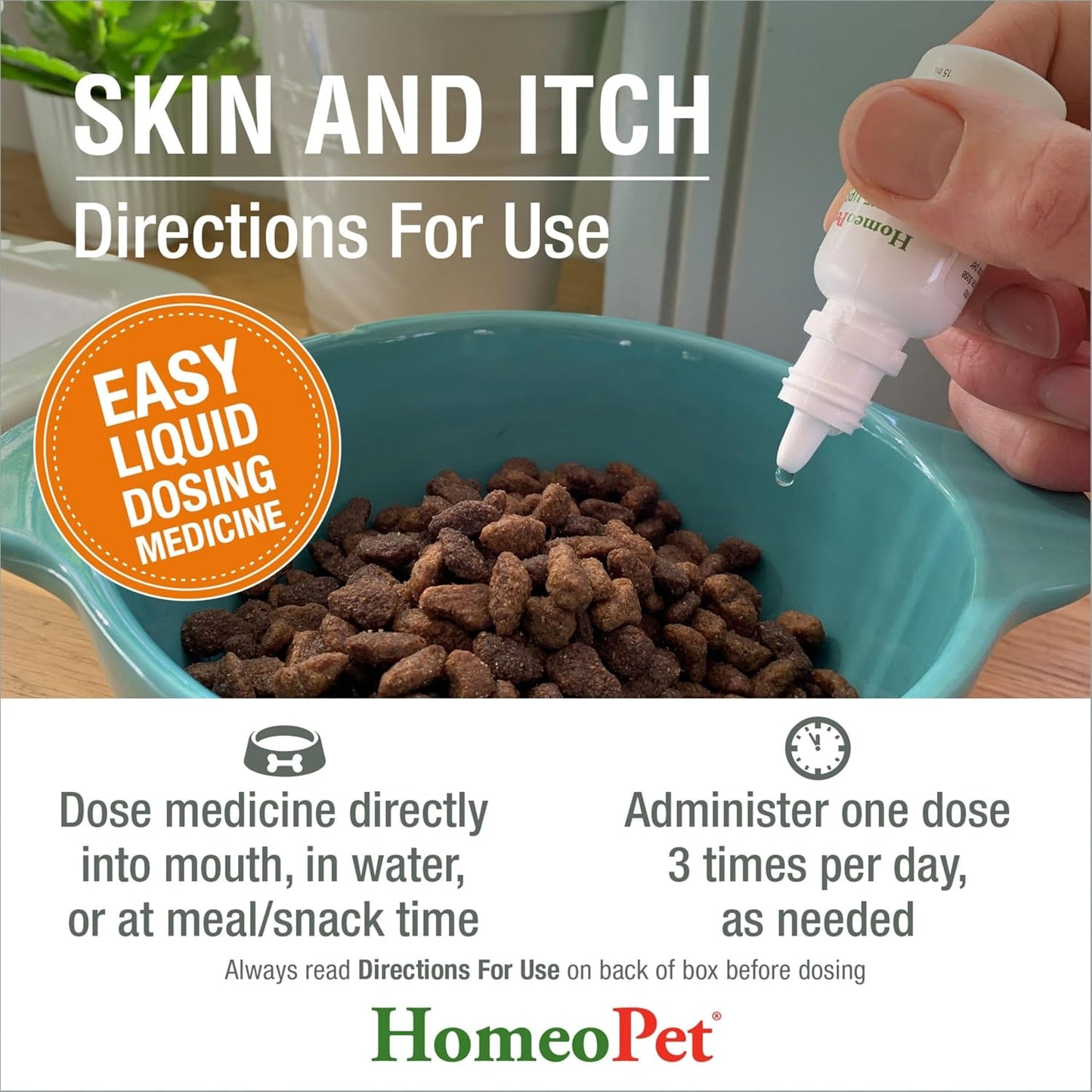 Natural pet itch relief solution dosage chart on back of box
