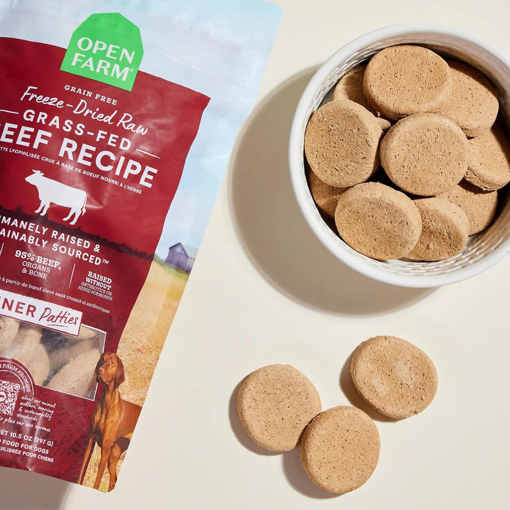 Open Farm raw dog food patties showing ninety five percent meat content text