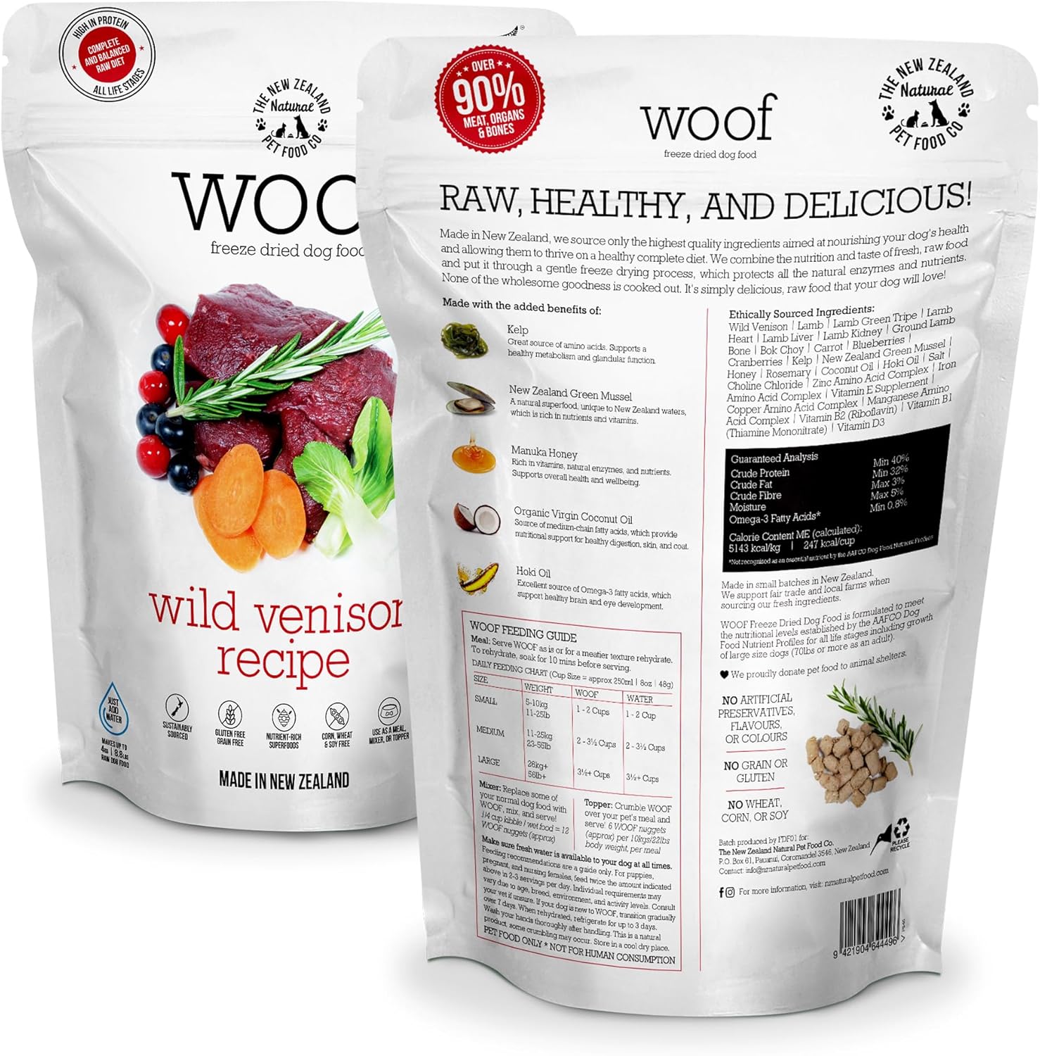 Close up of freeze dried raw venison dog food nuggets showing natural texture and ingredients.