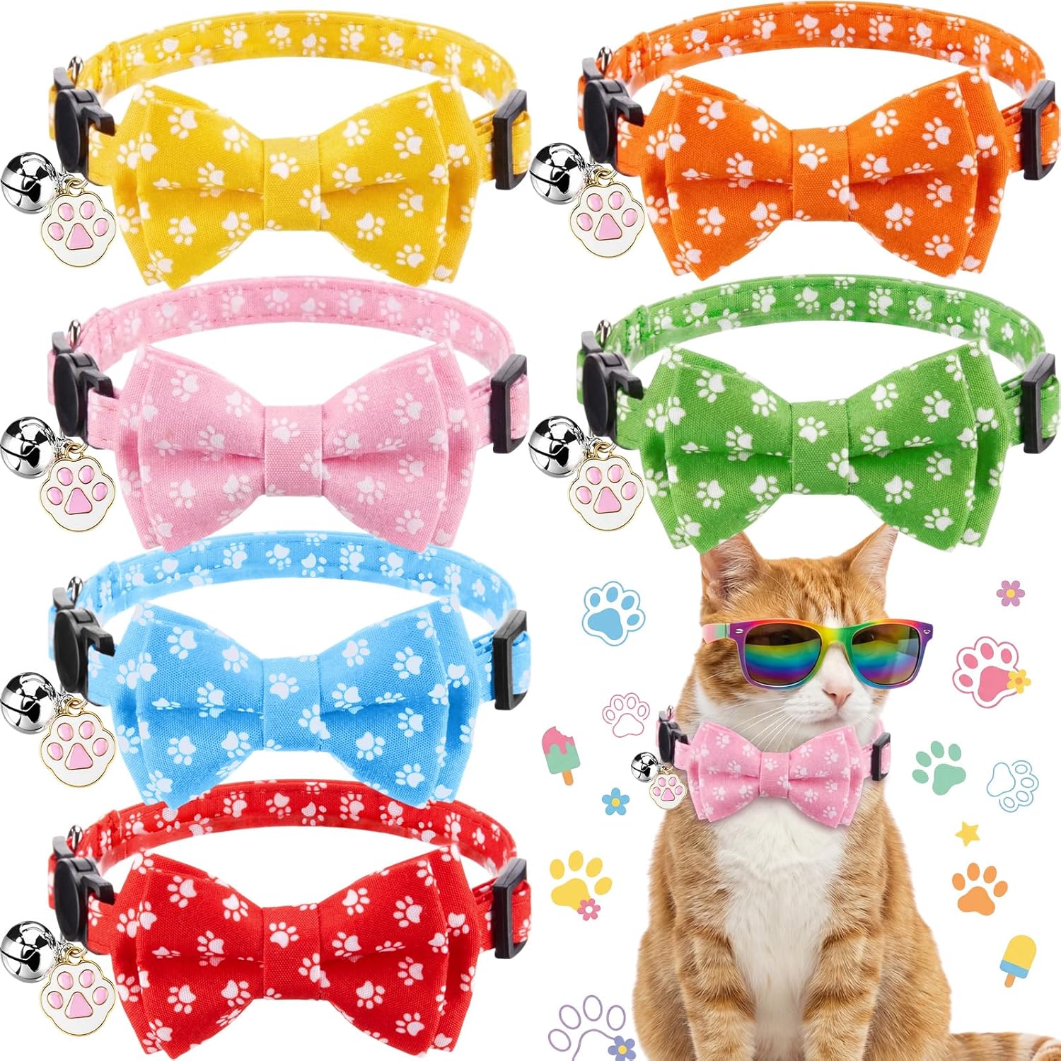 Side angle view of a festive Hsei cat collar with its removable bow tie fully attached.