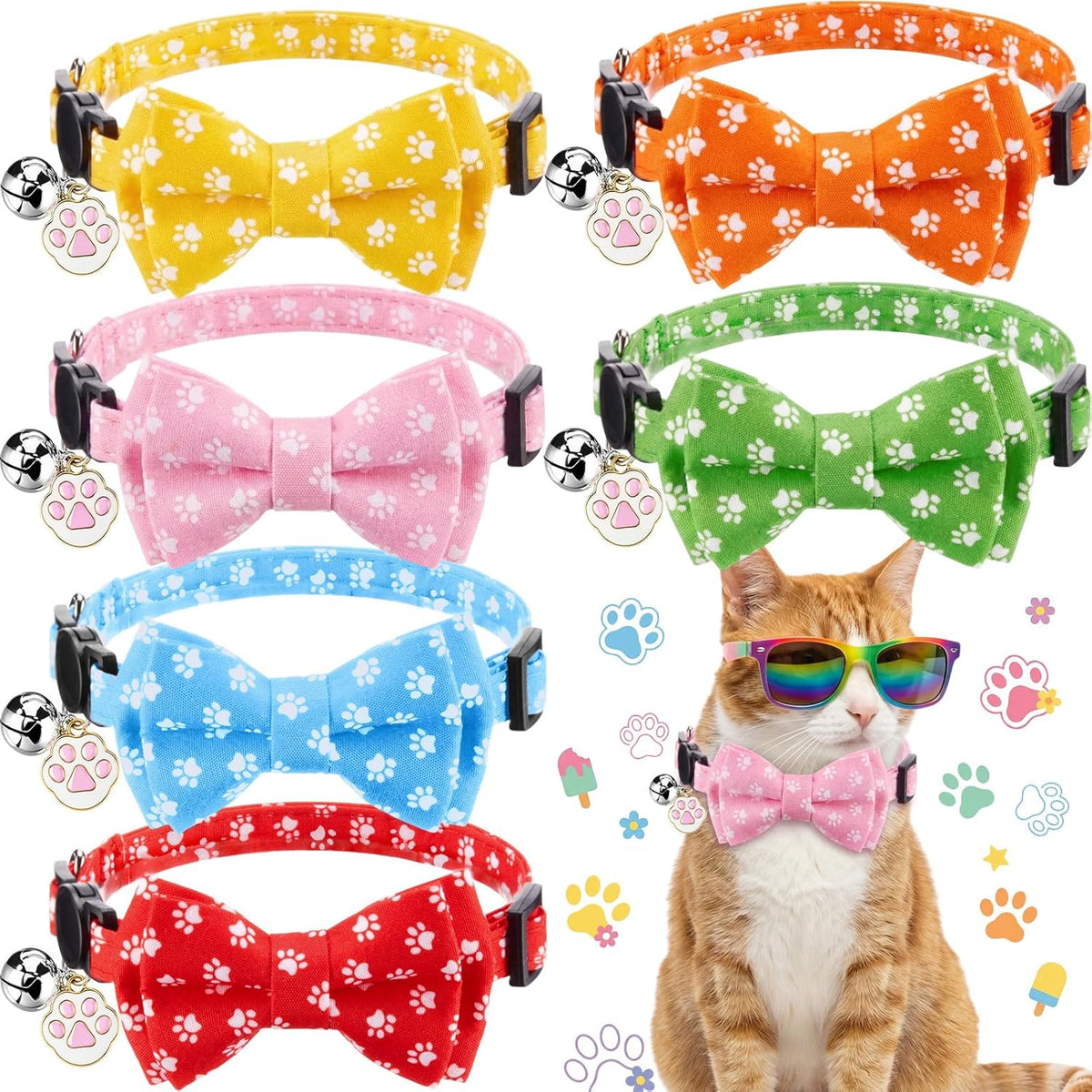 Side angle view of a festive Hsei cat collar with its removable bow tie fully attached.