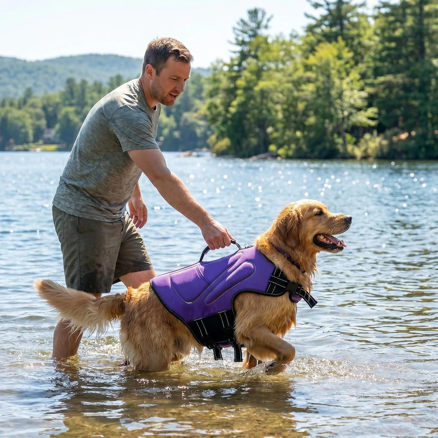 Inside lining of neoprene dog life jacket showing ergonomic fit