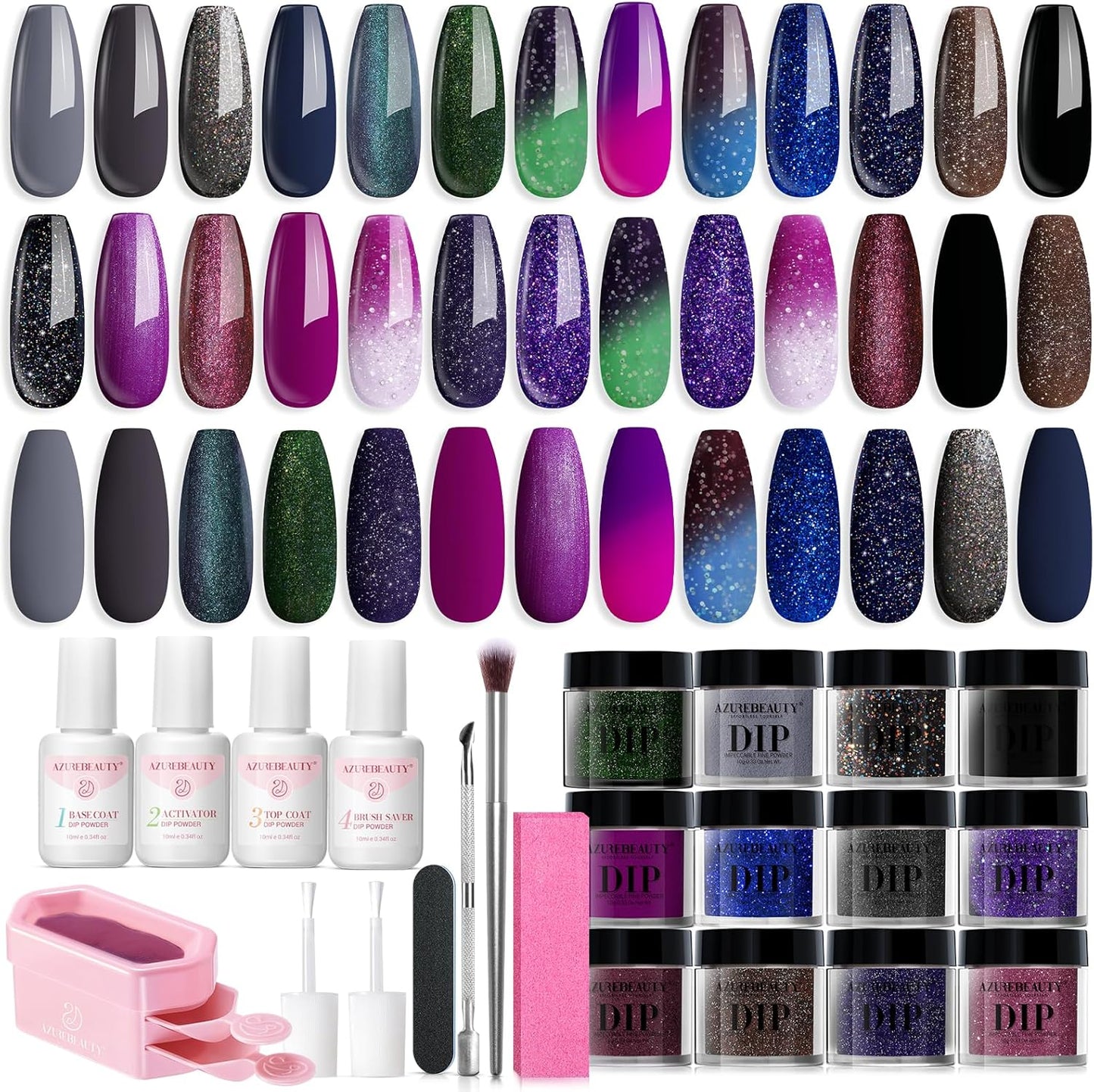 AZUREBEAUTY 20 color magic color changing dip powder nail kit with glitter