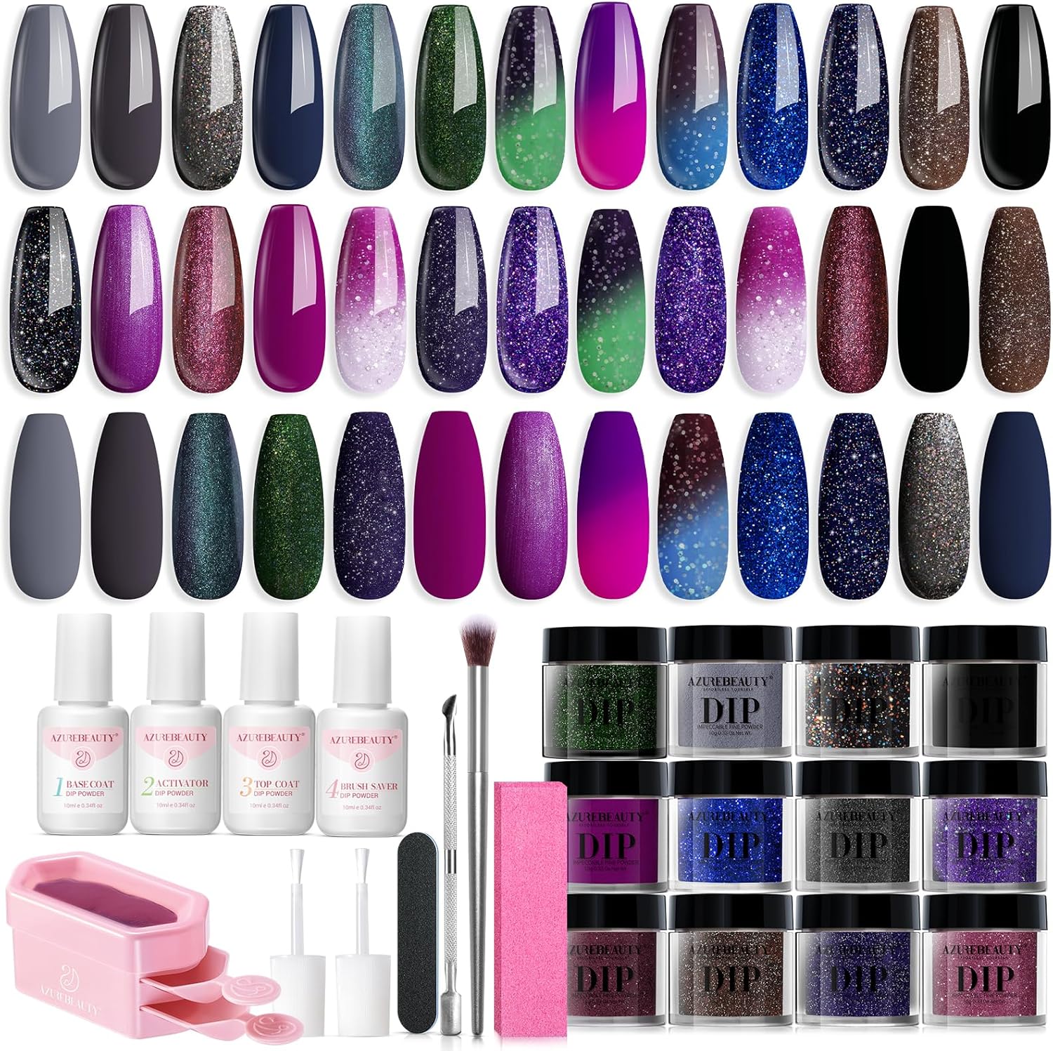 AZUREBEAUTY 20 color magic color changing dip powder nail kit with glitter