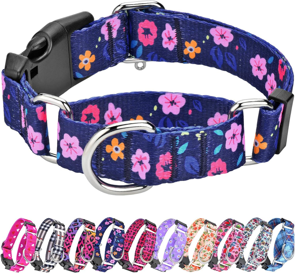 Hikiko martingale dog collar front view in authentic blue floral pattern