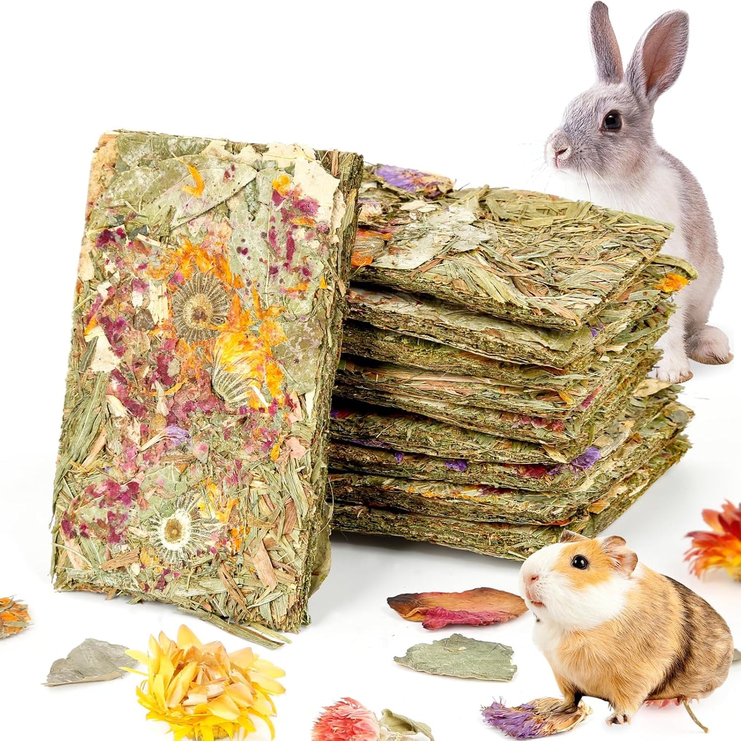 Abizoo Rabbit Natural Treats pack of ten front view showing compressed Timothy hay chips for bunny dental care.