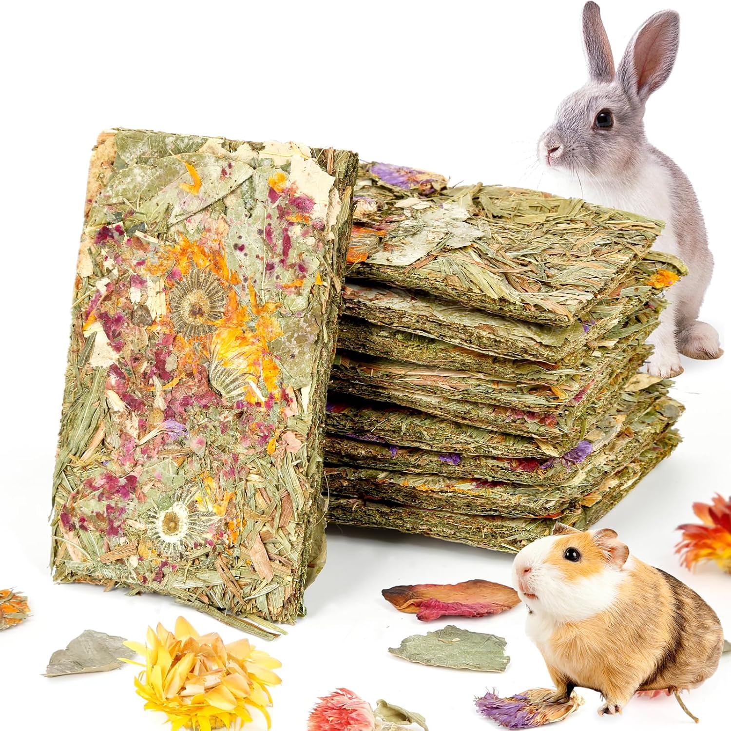 Abizoo Rabbit Natural Treats pack of ten front view showing compressed Timothy hay chips for bunny dental care.