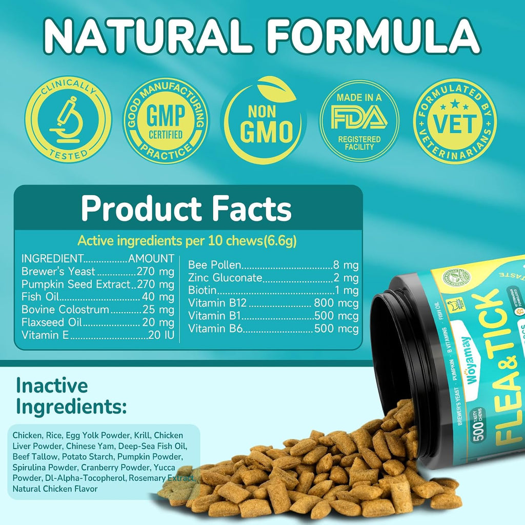 Side view of Woyamay dog supplement packaging highlighting safe use instructions for puppies and adult dogs.