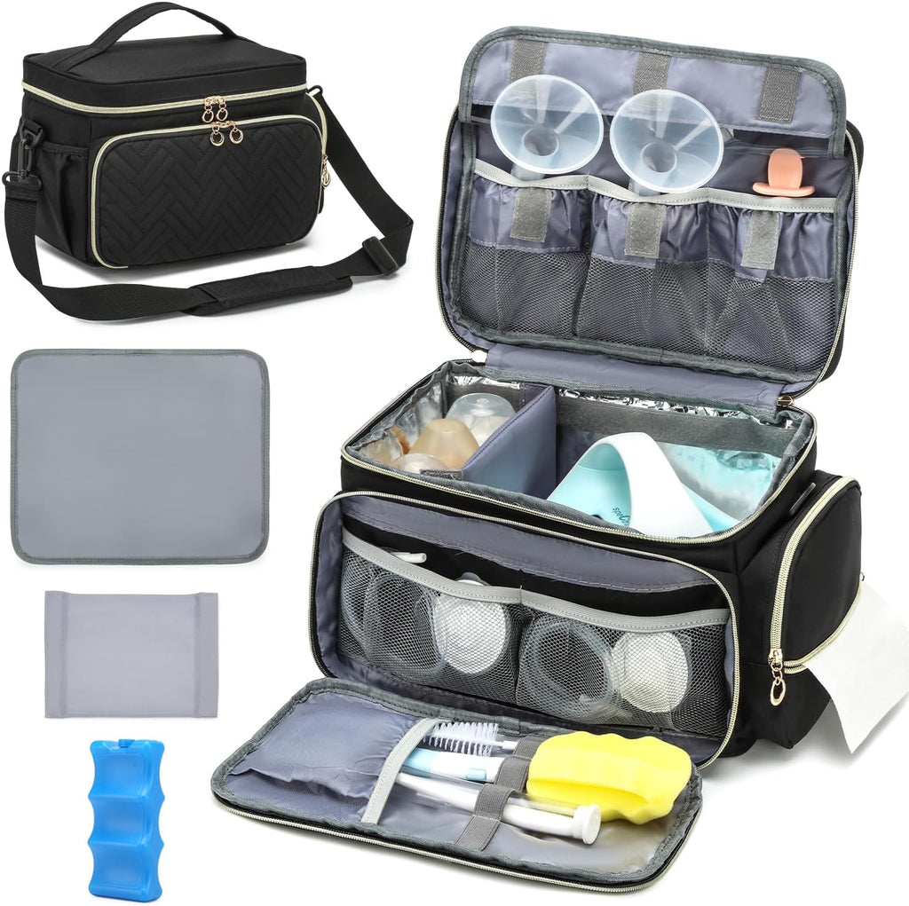 SLINRKE breast pump bag front view in black color showcasing compact dual-zipper layout.