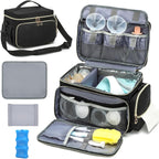 SLINRKE breast pump bag front view in black color showcasing compact dual-zipper layout.