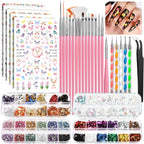 Fandamei nail art brushes set front view with pink handles and dotting pens.