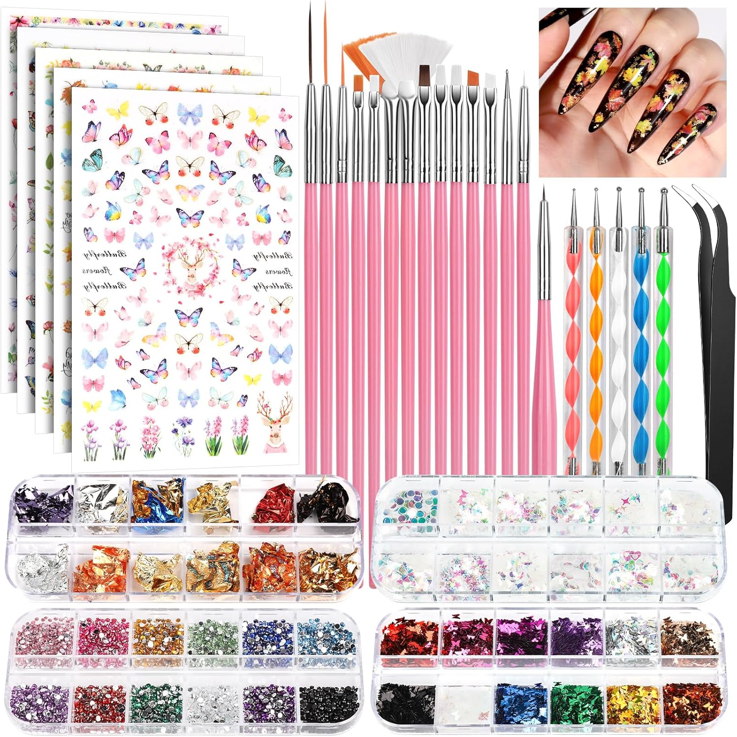 FANDAMEI nail art brushes set and complete decoration kit front view showing pink tools