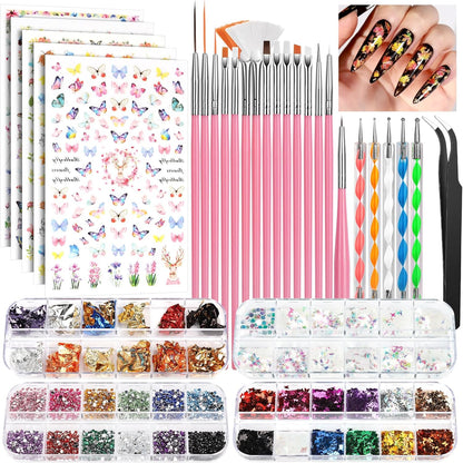 FANDAMEI nail art brushes set and complete decoration kit front view showing pink tools