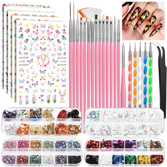FANDAMEI nail art brushes set and complete decoration kit front view showing pink tools