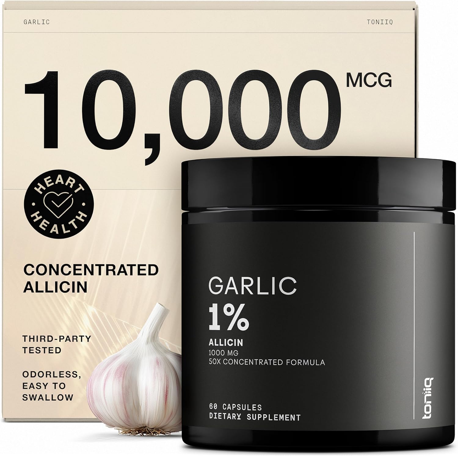 Toniiq Ultra High Strength Garlic Capsules front view showing the premium supplement bottle for cardiovascular wellness.