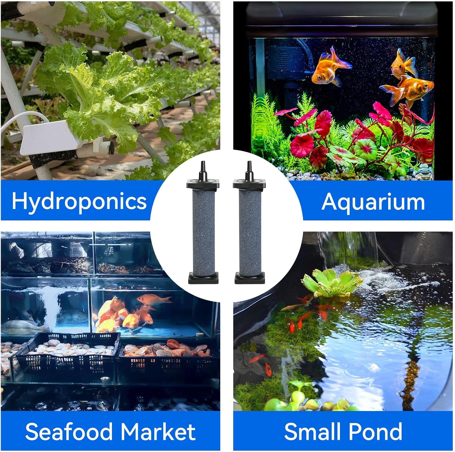 Aquaneat cylindrical oxygen diffuser connected to standard airline tubing for premium fish tank filtration.