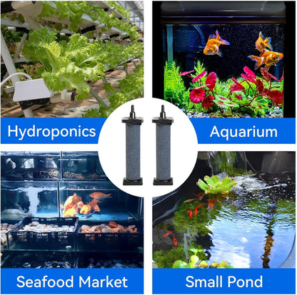 Aquaneat cylindrical oxygen diffuser connected to standard airline tubing for premium fish tank filtration.