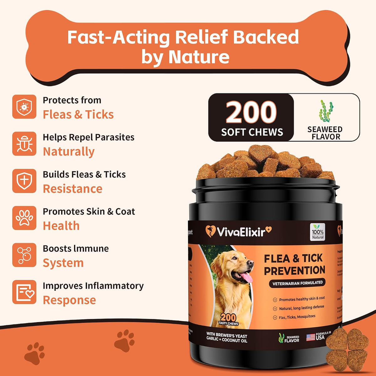 VivaElixir two hundred soft chews bottle oral flea pills for dogs