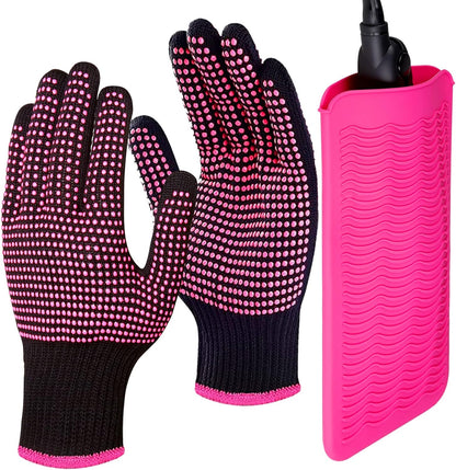 Fandamei heat resistant silicone mat pouch front view with rose red hair styling gloves for countertop thermal protection.