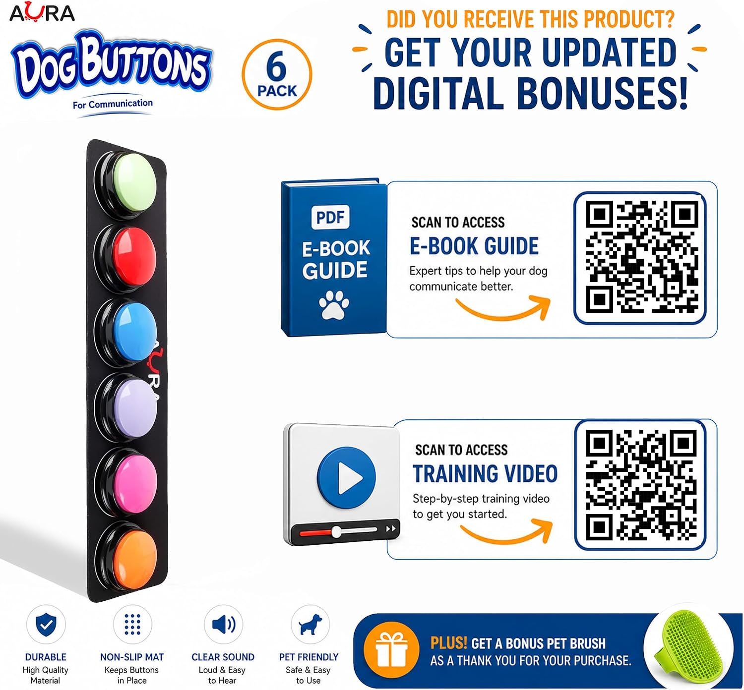 Close up of pet communication buttons with custom word stickers applied