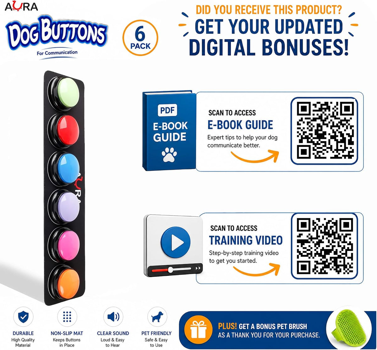 Close up of pet communication buttons with custom word stickers applied