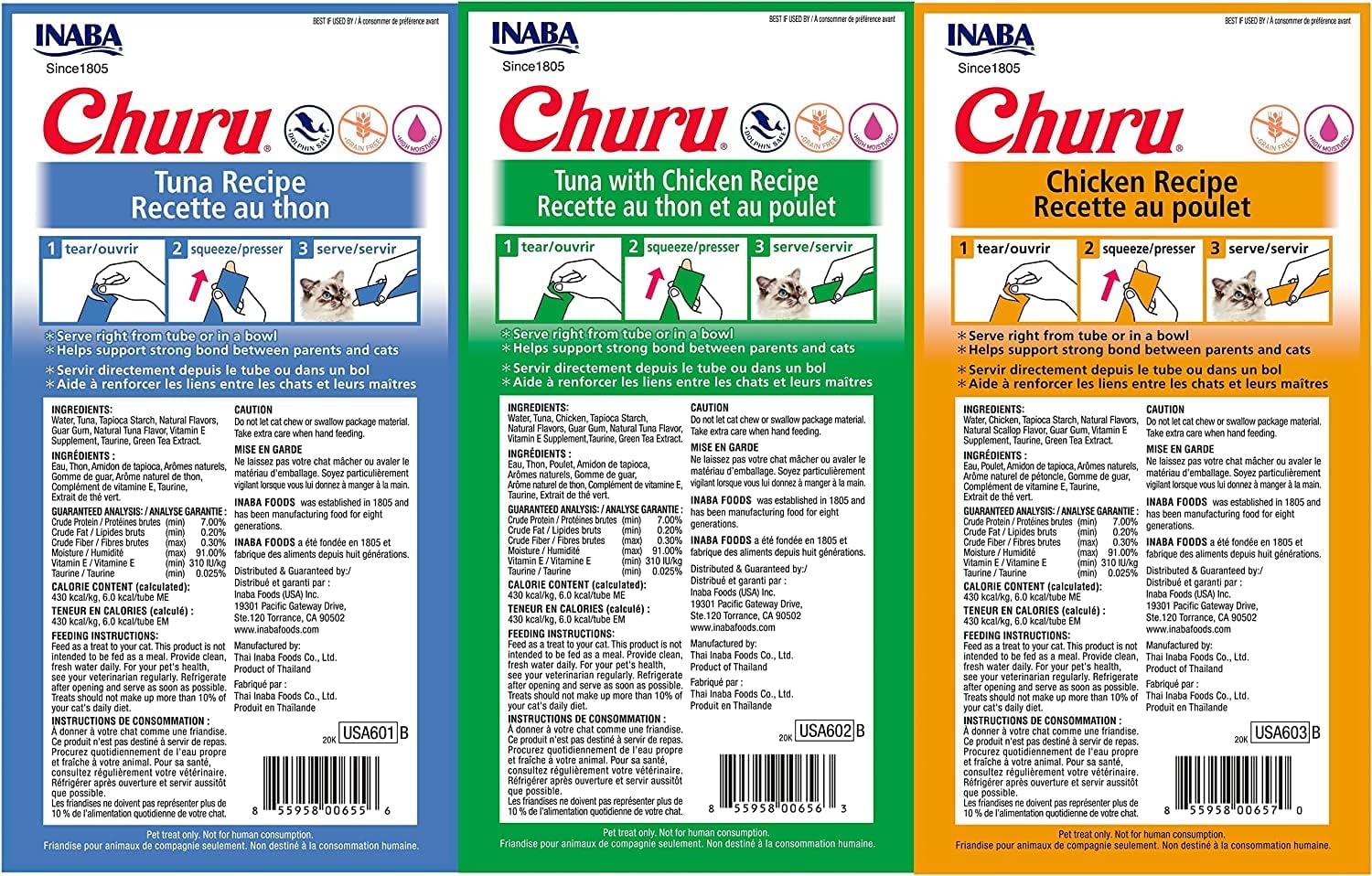 Inaba Churu cat treats variety pack packaging showing tuna and chicken tubes