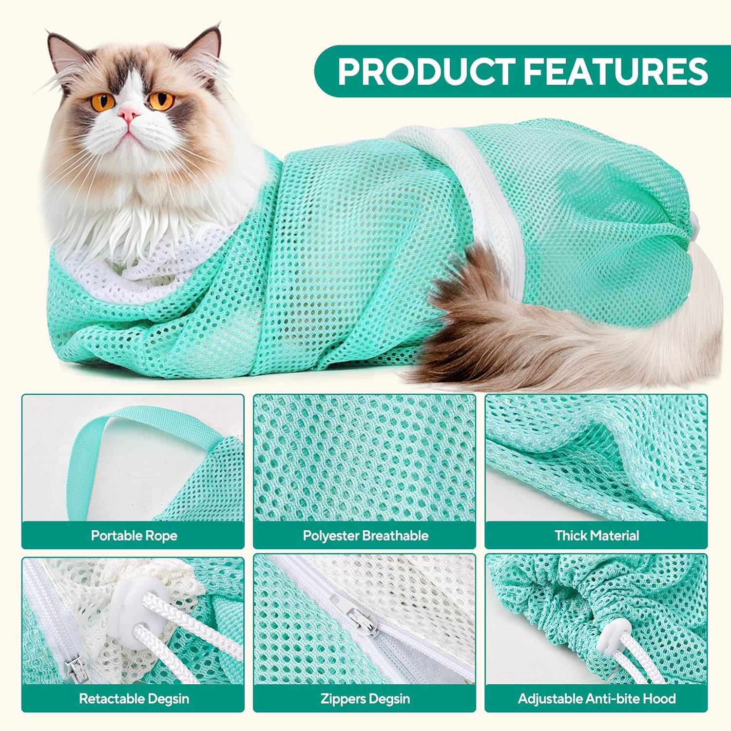 Green breathable pet restraint mesh pouch with adjustable drawstring toggles