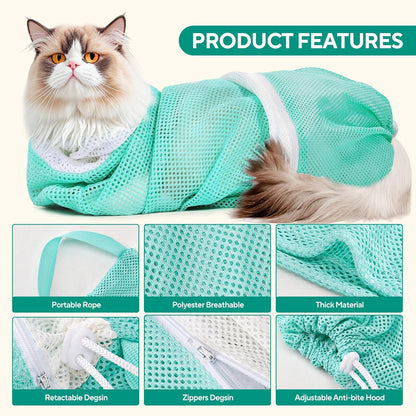 Green breathable pet restraint mesh pouch with adjustable drawstring toggles
