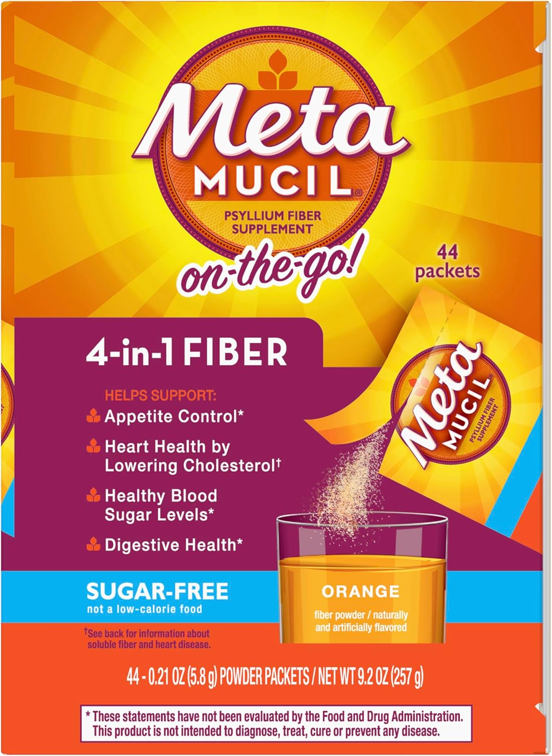Metamucil On-The-Go, Daily Psyllium Husk Powder Supplement, Sugar-Free Powder, 4-in-1 Fiber for Digestive Health, Orange Flavored Drink, 44 Packets - Image 9